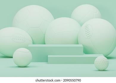 Sport equipment background. Several balls for soccer, American football and tennis, golf. Set of sport items on pastel blue and green scene. Trendy 3d render for fitness, lifting in the gym.
