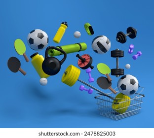 Sport equipment for fitness, gym, crossfit in shopping basket on blue background. 3d render of power lifting and fitness concept