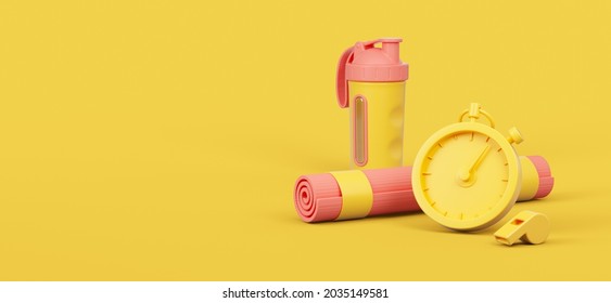 Sport equipment on yellow background. 3d rendered illustration.