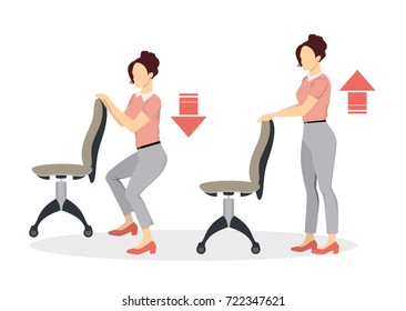 Sport Exercises For Office. Office Yoga For Tired Employees With Chair. Squats.