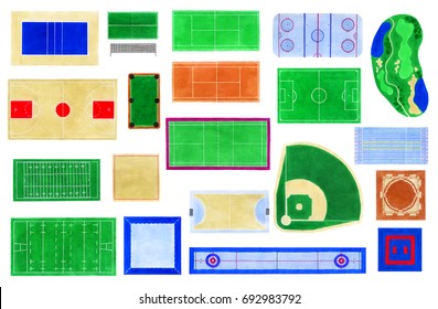 Sport fields watercolor set, Hand-drawn field layouts for games top view, championship objects, courts on the white background, Real drawing
