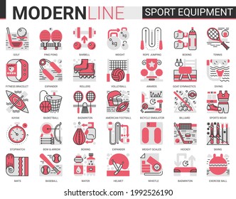 Sport Fitness Equipment Complex Red Black Flat Line Icon Illustration Set. Sport Gear For Sportsman Symbols With Sportswear, Exercise Gym Item, Football Baseball Badminton Tennis Game.