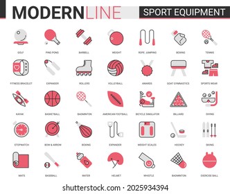 Sport Fitness Equipment Red Black Flat Line Icon Illustration Set. Linear Sport Gear For Sportsman Symbols With Sportswear, Exercise Gym Item, Football Baseball Badminton Tennis Game Collection