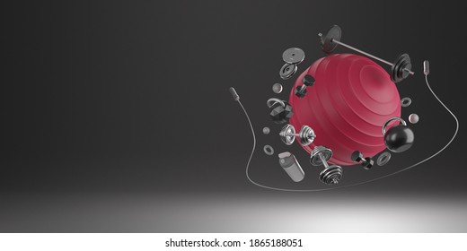 Sport Fitness Equipment : Red Yoga Fit Ball, Bottle Of Water, Dumbbells, Skipping Rope And Barbell On Black Background.  3D Rendering.