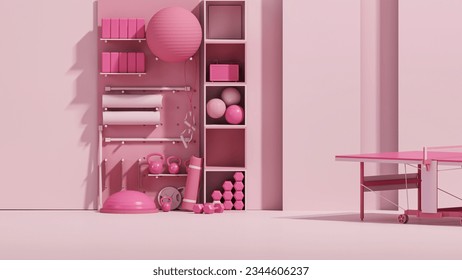 Sport fitness equipment, yoga mat, Kettlebell, dumbbells on pink background. Trendy 3d render for fitness, lifting in the gym, home. - Powered by Shutterstock