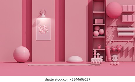 Sport fitness equipment, yoga mat, Kettlebell, dumbbells on pink background. Trendy 3d render for fitness, lifting in the gym, home. - Powered by Shutterstock