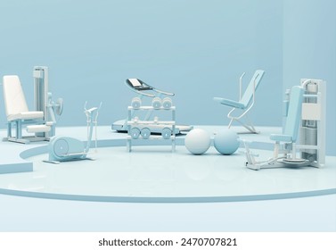 Sport fitness equipment, yoga mat, Kettlebell, dumbbells,plant pot, laptop on pastel blue background. Trendy 3d render for fitness, lifting in the gym, gym at home. - Powered by Shutterstock