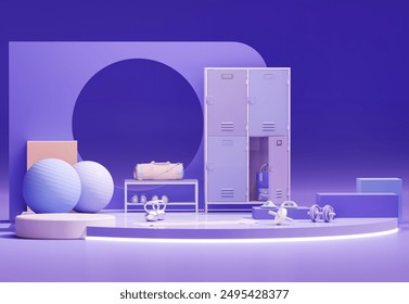 Sport fitness equipment, yoga mat, Kettlebell, dumbbells,plant pot, laptop on pastel blue purple background. Trendy 3d render for fitness, lifting in the gym, gym at home, stage - Powered by Shutterstock