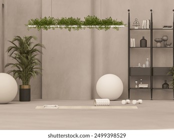 Sport fitness equipment, yoga mat, Kettlebell, dumbbells,plant pot, laptop on pastel yellow beige background. Trendy 3d render for fitness, lifting in the gym, gym at home. - Powered by Shutterstock