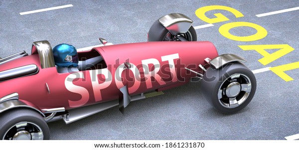 Sport helps reaching goals, pictured as a\
race car with a phrase Sport as a metaphor of Sport playing\
important role in getting value and achieving success in life and\
business, 3d\
illustration