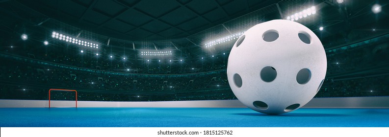 Sport indoor arena with white floorball ball on the blue floor as widescreen background. Digital 3D illustration of sport building interior.
