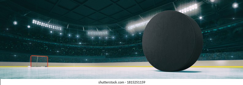 Sport indoor ice hockey arena with black puck on the ice rink as widescreen background. Digital 3D illustration of sport building interior.