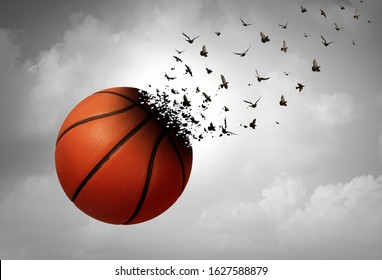 Sport Loss Concept And Depression And Tragic Sport Event And Grief Psychology Symbol As A Basketball Transforming To Birds As A Depressed Fan From A Sad Eye In A 3D Illustration Style.