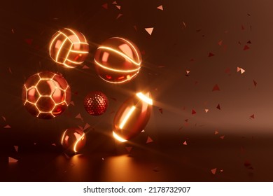 sport object design blue background  gold winner cup   gold coin  sports ball concept design  3d illustration  casino bet backdrop  football tennis volleyball golf symbols  game live online show