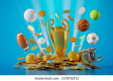 sport object design blue background  gold winner cup   gold coin  sports ball concept design  3d illustration  casino bet backdrop  football tennis volleyball golf symbols  game live online show