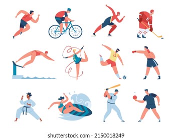 Sport people, professional athlete gymnast, boxer, runner. Athletic characters playing baseball, soccer, hockey, sports activities  set. Woman doing rhythmic gymnastics, man playing golf - Powered by Shutterstock