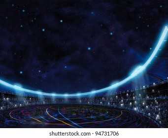 Sport Place Site Stadium With Color Lines Above In Blue Stars Space Background