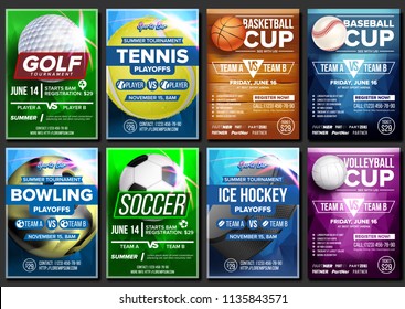 Sport Poster Set. Basketball, Tennis, Soccer, Football, Golf, Baseball, Ice Hockey, Bowling. Vertical Design For Sport Bar Promotion. Tournament Flyer Club Banner Blank Invitation Illustration - Powered by Shutterstock