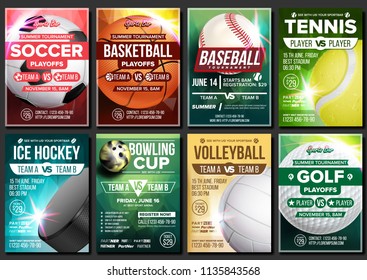 Sport Poster Set. Tennis, Basketball, Soccer, Golf, Baseball, Ice Hockey, Bowling. Event Announcement. Banner Template Advertising League Tournament Vertical Sport Invitation Illustration - Powered by Shutterstock