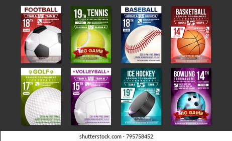 Sport Posters Set. Golf, Baseball, Ice Hockey, Bowling, Basketball, Tennis, Soccer, Football. Vertical Design For Sport Bar Promotion Tournament Flyer Club Invitation Illustration - Powered by Shutterstock