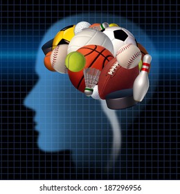 Sport Psychology Concept As A Group Of Sports Equipment Shaped As A Human Brain As A Mental Health Symbol For Psychological Science To Improve Performance In Athletes For Competitive Anxiety.