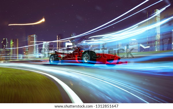 Sport racing car fast driving to achieve the\
champion dreame , motion blur and lighting effect apply . 3D\
rendering and mixed media\
composition