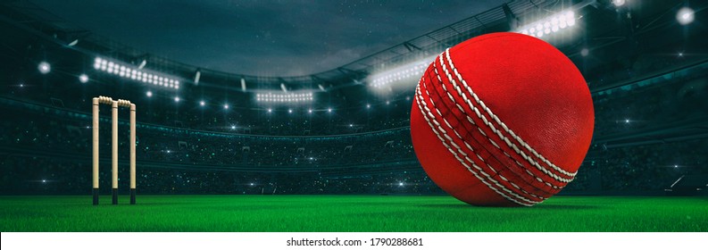 Sport stadium with cricket ball at night as wide backdrop. Digital 3D illustration for background advertisement.