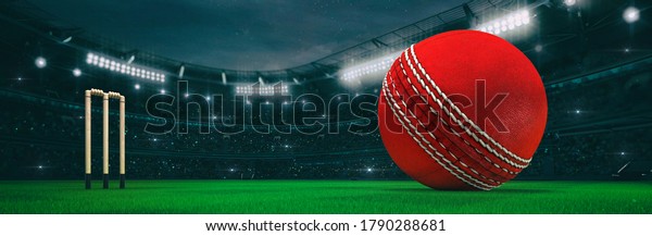 Sport stadium\
with cricket ball at night as wide backdrop. Digital 3D\
illustration for background\
advertisement.
