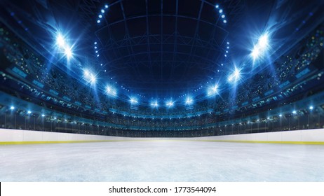 Sport stadium with grandstands full of fans, shining night lights and ice rink playground. Digital 3D illustration of sport stadium for background use.
