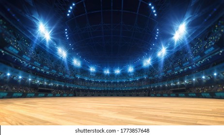 Sport stadium with grandstands full of fans, shining night lights and wooden deck. Digital 3D illustration of sport stadium for background use.