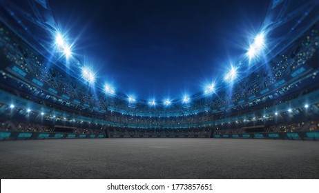 Sport stadium with grandstands full of fans, shining night lights and asphalt surface. Digital 3D illustration of sport stadium for background use. - Powered by Shutterstock