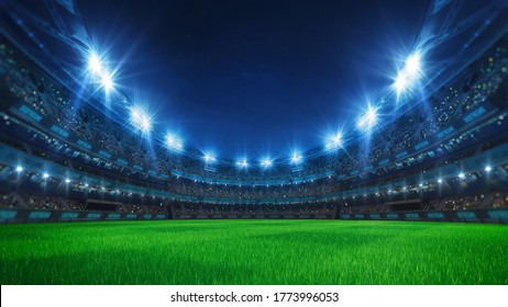 Sport stadium with grandstands full of fans, shining night lights and green grass playground. Digital 3D illustration of sport stadium for background use. - Powered by Shutterstock