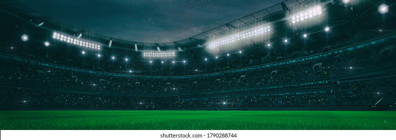 Sport stadium at night as wide backdrop. Digital 3D illustration for background advertisement.