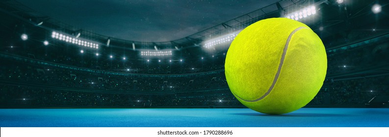 Sport stadium with tennis ball at night as wide backdrop. Digital 3D illustration for background advertisement.