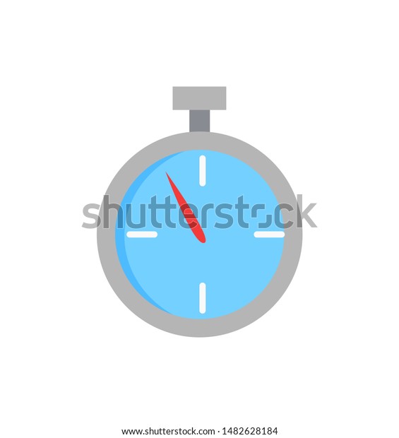 Sport stopwatch, isolated cartoon raster icon.\
Round small tool with red arrow and white dividing on blue clock\
face, with button to note time\
badge