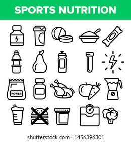 Sport Supplement Food Line Icon Set . Nutrition Pictogram. Health Sport Supplement Food Symbol. Energy Vitamin Diet. Thin Outline Illustration