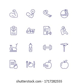 Sport training icons. Set of line icons on white background. Bodybuilding, sport nutrition, dieting. Fitness concept. can be used for topics like sport, healthcare, healthy lifestyle