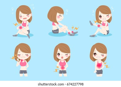 sport woman have body ache on the blue background