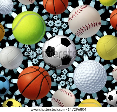 Sports business concept and sporting industry as a group of sport balls as soccer basketball baseball volleyball golf tennis and volleyball connected by a network of gears and cogs as a fitness icon. Stock photo © 