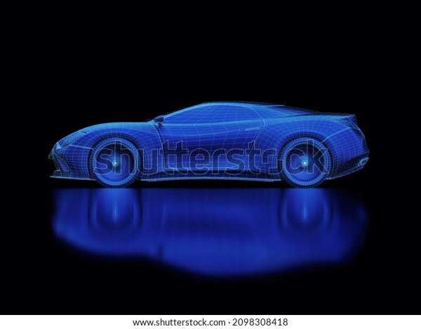 Sports car blueprint concept made in 3D\
software. Concept image of prototype and aerodynamic tests.\
Clipping path\
included.