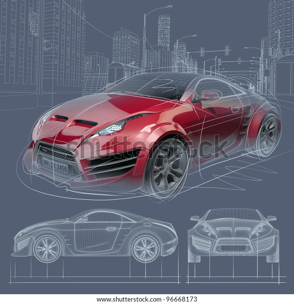 Sports car blueprint.\
Original car\
design.