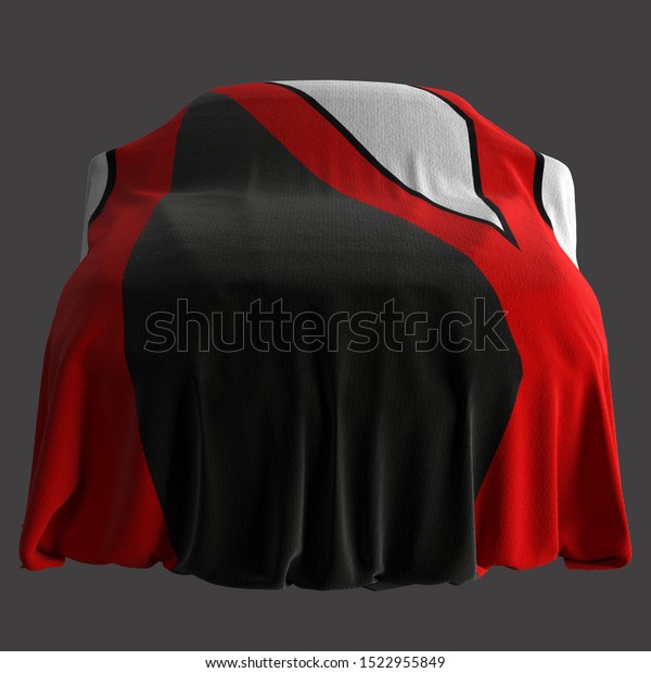 Sports car covered color\
textile, presentation isolated on grey background, 3d\
illustration