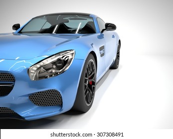 Sports Car Front View. The Image Of A Sports Blue Car On A White Background