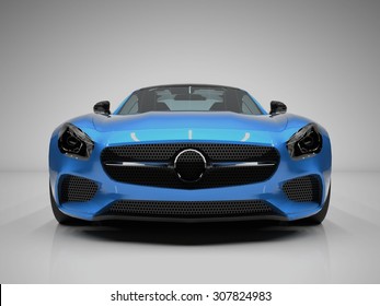 Sports Car Front View. The Image Of A Sports Blue Car On A White Background