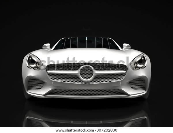 Sports car front view. The image of a sports\
white car on a black\
background