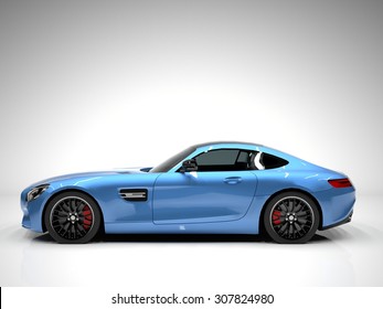 Sports Car Left View. The Image Of A Sports Blue Car On A White Background