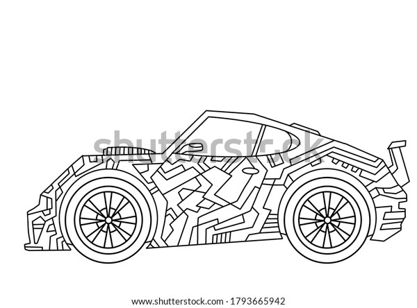 Sports
car. Low car. Coloring book for children. Road car, speed,
movement. Simple lines, author's
illustrations.