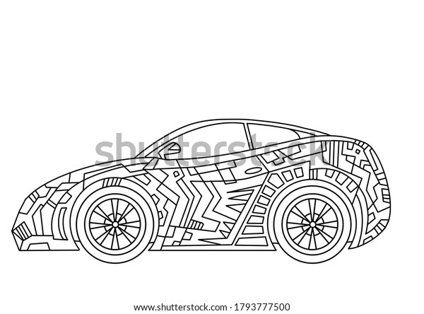 Sports\
car. Low car. Coloring book for children. Road car, speed,\
movement. Simple lines, author\'s\
illustrations.