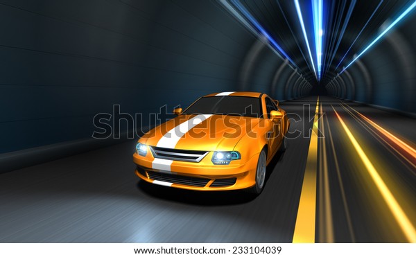 Sports car\
with no brand name  racing in a tunnel. The car is designed and\
modelled by myself. High resolution 3D\
render