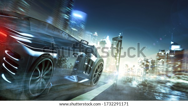 Sports car on\
night city street (3D\
rendering)